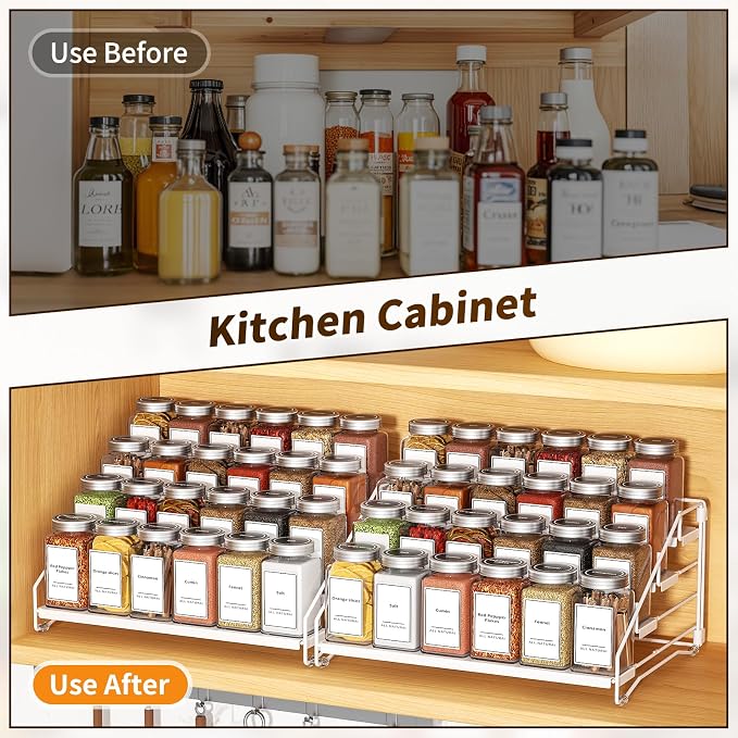 BOIVSHI Spice Organizer for Cabinet, Depth Adjustable Spice Rack, White | 4 Tier Spice Rack for Countertop, 2 Pack Spice Organization for Cabinet, Easy to Assemble Spice Cabinet Organizer