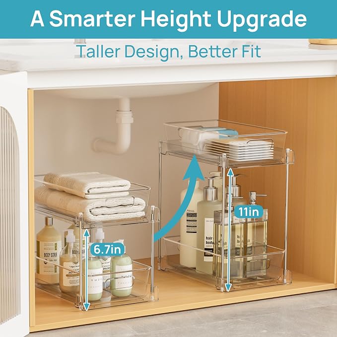 Vtopmart 4 Pack Taller Pull Out Bathroom Under Sink Organizer (S-Higher) | Slide-out drawers, Multi-purpose storage, Clear visibility, Easy Set-up