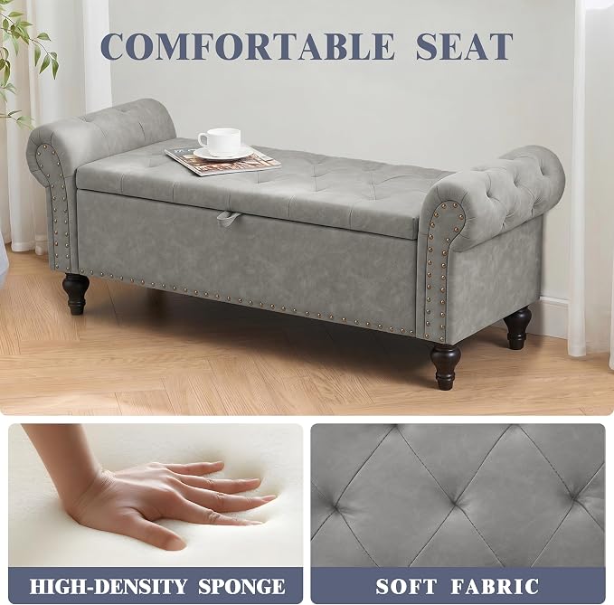 51" Storage Bench for Bedroom, Upholstered Ottoman Bench, Leather LightGray | End of Bed Bench for Bedroom, Window Benches for Living Room, Entryway, Ottoman with Large Storage Space, Pet Friendly