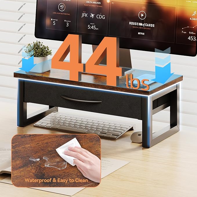 Computer Monitor Stand Riser with Drawer, 2-Tier Desk Accessories & Workspace Organizers, Laptop Stand for Desk with Storage, Office Organization, Wood