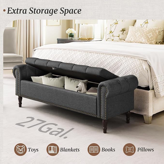 Storage Bench Ottoman, 61" Long King Linen Rolled Arm Bedroom End of Bed Bench, Window Bench with Button Tufted and Nailhead Trim for Foot of Bed Bench, Bedroom, Entryway, Living Room, Gray