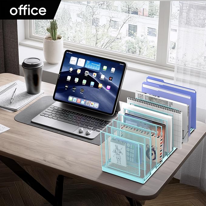 9-Section Desk File Organizer, Vertical File Holder, Mesh Desktop File Folder Metal File Organizer Stand for Office Home Classroom, Blue