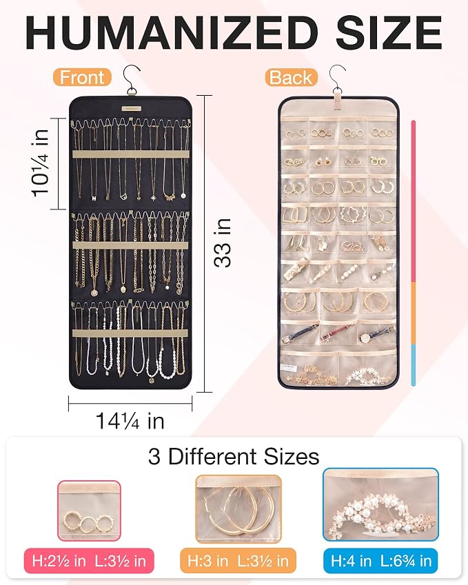 BAGSMART Hanging Jewelry Organizer Necklace/Earring/Ring 2-Sided L Black | Jewelry Holder Organizer Storage with Hanger Metal Hooks Double-Sided Jewelry Holder on Closet, Wall, Door