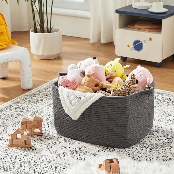 OIASKET Large Toy Basket, Rectangle Woven Rope Storage Basket for Blankets, Dirty Clothes, Shoes, Nursery Organizer Bins (Dark Grey)