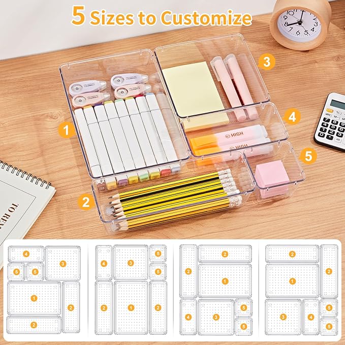 SMARTAKE 22-Piece Drawer Organizer with Non-Slip Silicone Pads, 5-Size | Clear Desk Bathroom Drawer Organizer Trays Storage Tray for Makeup, Jewelry, Utensils in Bedroom Dresser, Office and Kitchen
