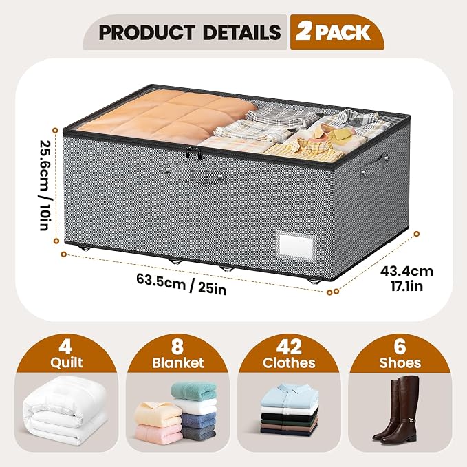 Dayacoco Under Bed Storage With Wheels,10in Underbed Storage Containers 65L | Large Capacity Underbed Storage, No Assembly Required Rolling Under Bed Storage for Clothes Blankets Shoes Grey