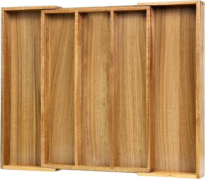 VaeFae Bamboo Drawer Organizer, Large, Acacia | Expandable Silverware Organizer, Kitchen Utensil Storage, Wooden Cutlery Tray with Dividers, Fork and Spoon Holder