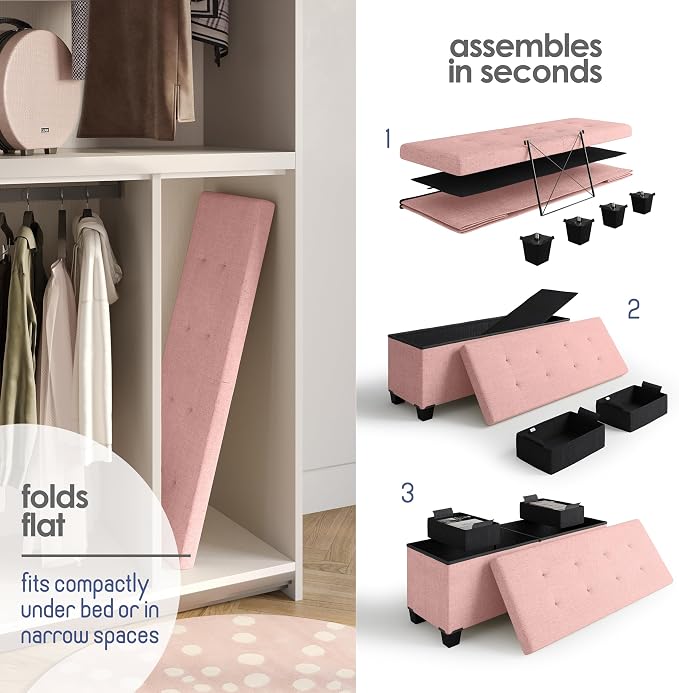 Storage Ottoman Bench with Bins, 43-in Storage Bench for Bedroom End of Bed, Folding Foot Rest Ottoman for Living Room Max 660lbs, Fabric Ottomans, Pink
