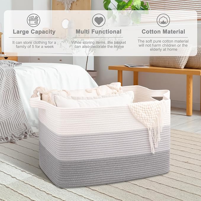 OIAHOMY Extra Large Blanket Basket, 95L Cotton Rope Woven Laundry Basket, Toy Bin for Baby Room, Container for Blanket Storage in Living Room, 24''×17''×14'', Gradient Grey