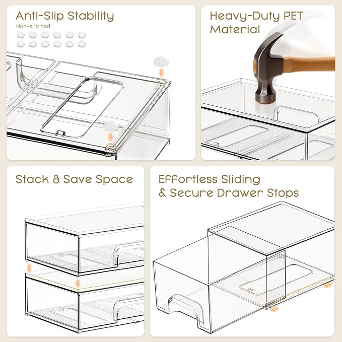 Stackable Storage Drawers, 4 Pack Clear Plastic Makeup & Bathroom Organizer, Versatile Storage Bins for Vanity, Under Sink, Kitchen Cabinets & Pantry