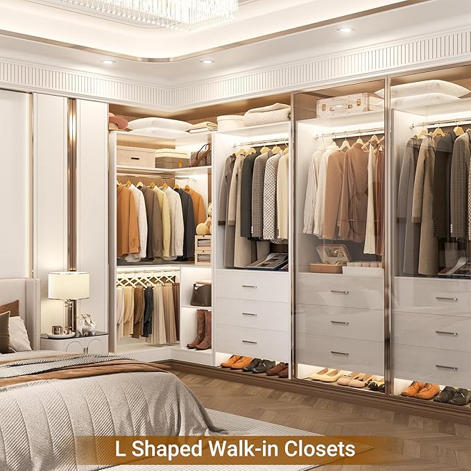 Aheaplus Closet System with 3 Drawers, 2 Hanging Rods & Corner Tower, Corner Closets System with Hanging, L-Shaped Walk-In Wardrobe Organizer, 1300+ lbs Capacity, Set of 2, White
