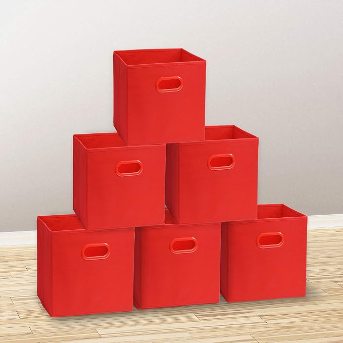 Simple Houseware 11-Inch Foldable Cube Storage Bins with Handles, Red | 6-Pack Lightweight & Durable Structure Fabric Cubes Organizer for Closet or Shelves
