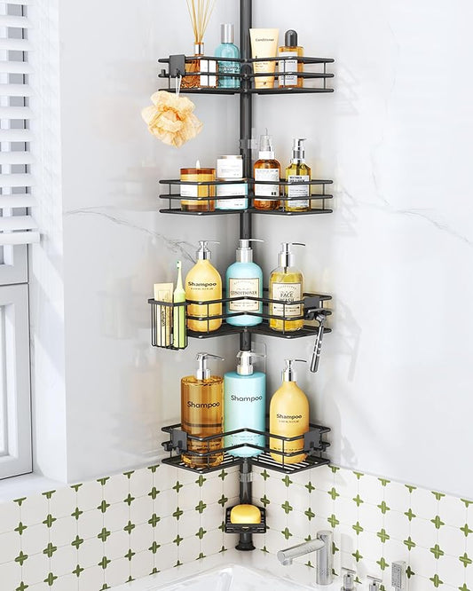 HapiRm Corner Shower Caddy Organizer - Shower Organizer Corner with Soap Holder, Toothbrush Holder and 4 Hooks, Rustproof Bathroom Shelf Tension Pole Available for 27.6 to 108.3 Inch - Black