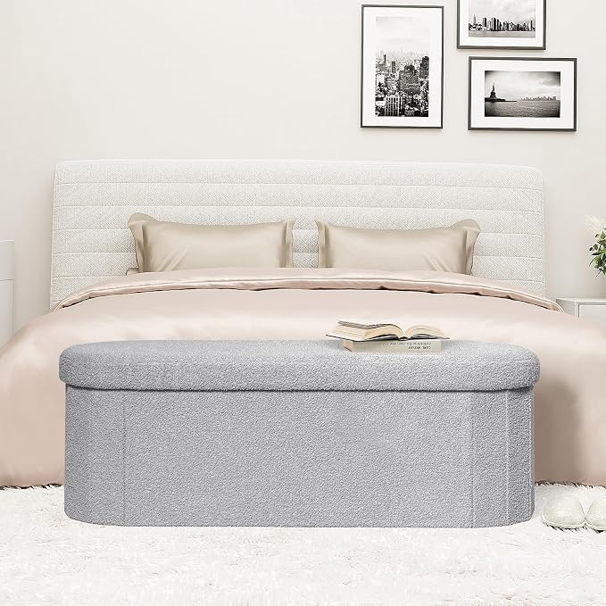 PINPLUS Storage Ottoman Bench Tufted Folding Ottomans Bench Foot Rest, Chest Box Velvet Bench with Storage, 43"x15"x15" (Grey)