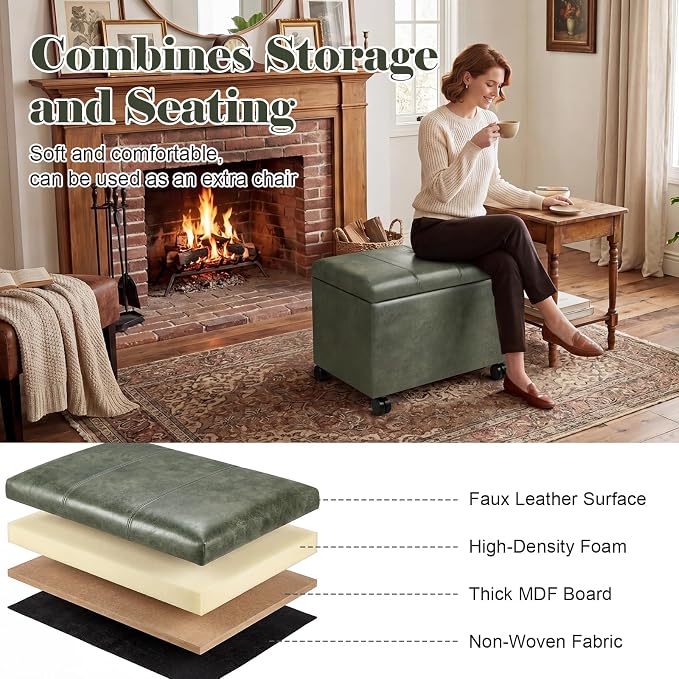 24" Faux Suede Storage Ottoman Bench with Wheels, Rectangle Foot Rest Stool for Living Room, Bedroom, Entryway, Moss Green