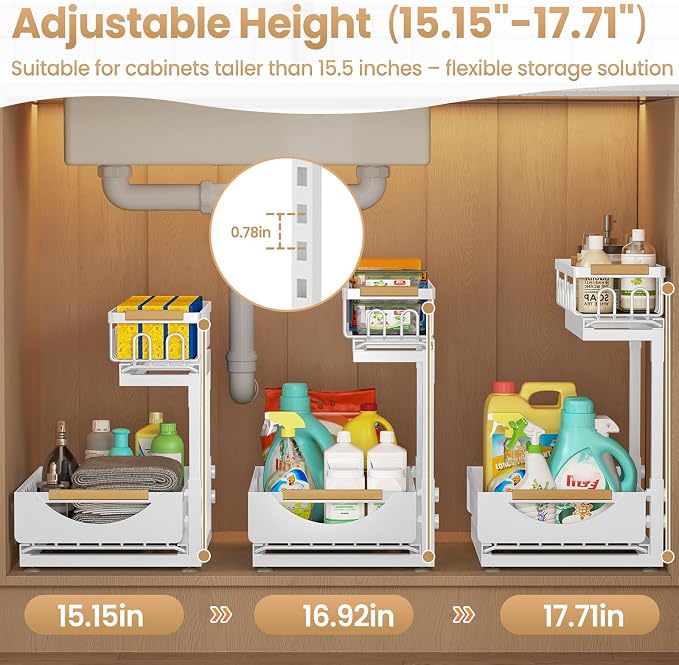 Under Sink Organizer and Storage 2 Tier Cabinet Pull Out Shelf Organizers | 2 Pack 2 Tier under sink storage for Bathroom and Kitchen Slide Out Drawer Organization for Home Cabinets Shelves and Drawers