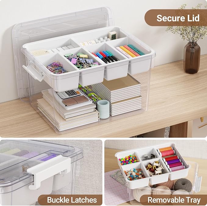 40Qt Stackable Storage Bin with Lid Tray Craft Box Organizer, 1Pack,WH | Clear Plastic Latching Boxes Organizers with Dividers Portable Containers for Arts & Crafts, Home Office Classroom Car Trunk