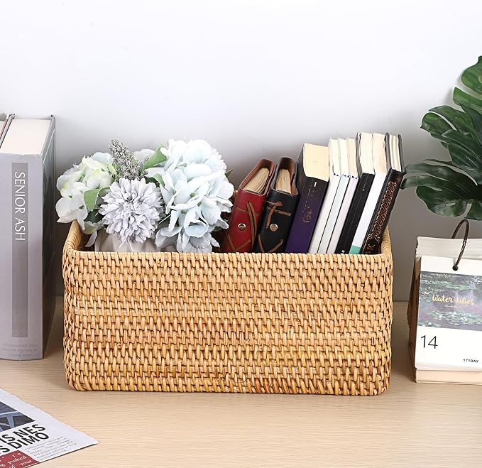 Hipiwe Woven Rattan Basket Natural Wicker Storage Basket Box with Handles | Rectangular Open Storage Bin for Shelf Bathroom Living Room Kitchen, 13" x 8.7" x 5.9"