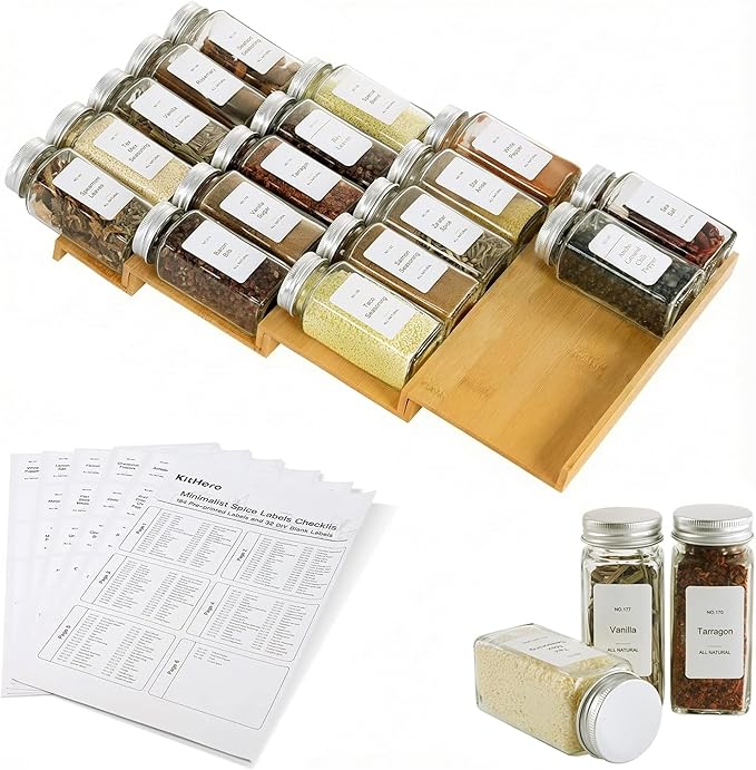Spice Drawer Organizer with 20 Spice Jars,216 Labels,50 Non-slip Rubber, Bamboo 4 Tier Seasoning Rack Tray Insert for Kitchen Drawers,Cabinets,Countertop,9" Wide x 15.8" Deep