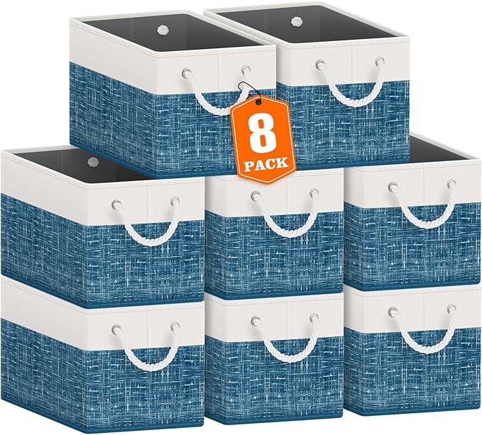 Fab totes Storage Bins 8-Pack, Foldable Storage Baskets for Organizing Toys, Books, Shelves, Closet, Large Storage Box with Rope Handles, Sturdy Organizer Bins, White & Blue