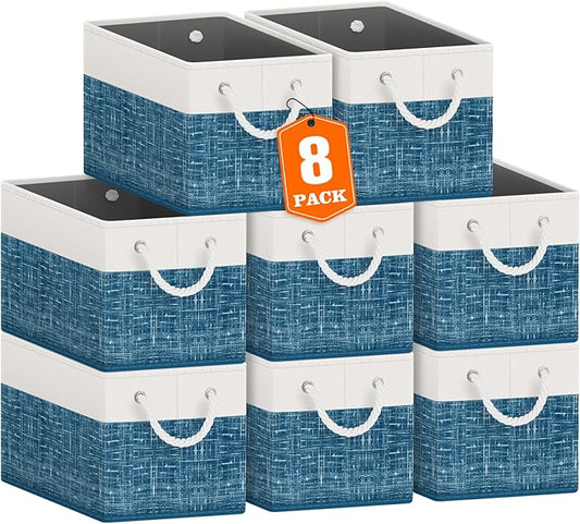 Fab totes Storage Bins 8-Pack, Foldable Storage Baskets for Organizing Toys, Books, Shelves, Closet, Large Storage Box with Rope Handles, Sturdy Organizer Bins, White & Blue