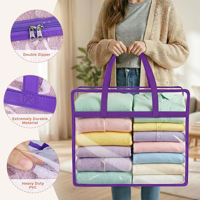 4 Pack Clear Storage Bags for Clothes, 40L Closet Organizers and Storage | Plastic storage with zipper and handle, moving bags, under-bed storage, closet organizer for blankets, comforters, toys