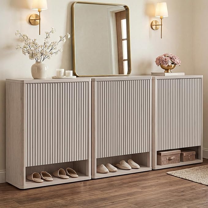 SICOTAS Shoe Cabinet 44 inch Tall Fluted Shoe Cabinet with Doors & 4 Shelves Wooden Large Hidden Shoe Storage Organizer Modern Free Standing 6-Tier Cabinet for Entryway Living Room Closet