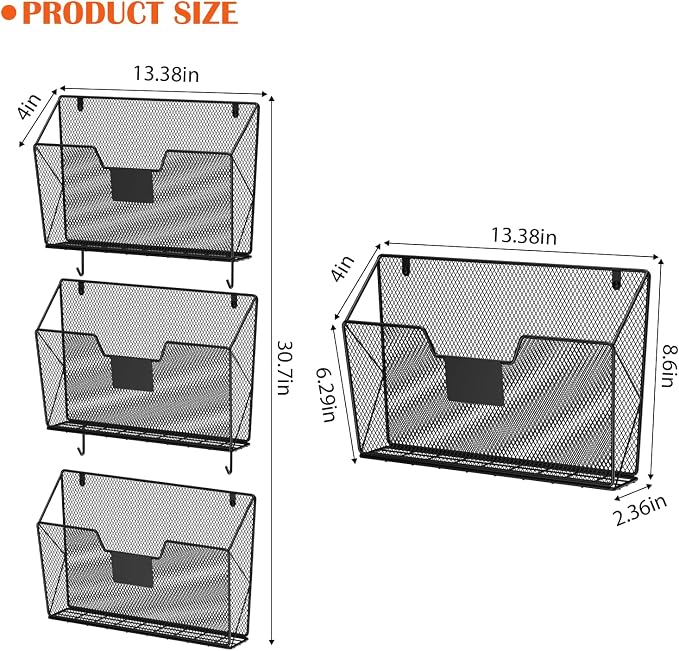 OYEAL Hanging Wall File Organizer, Mesh File Folder Holder for Home Offic | Mail Paper Orgnization, Hanging Wall Mounted Mail Organizer with Label Slots & Hooks, Magazine Rack, Vertical File Storage