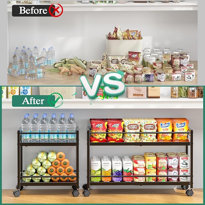 2-Tier Expandable Rolling Pantry Cart with Wheels, Adjustable Floor Organizer for Kitchen Pantry, Can Organizer for Pantry, Storage Cart for Snack, Food, Vegetables, Black, Patent Pending