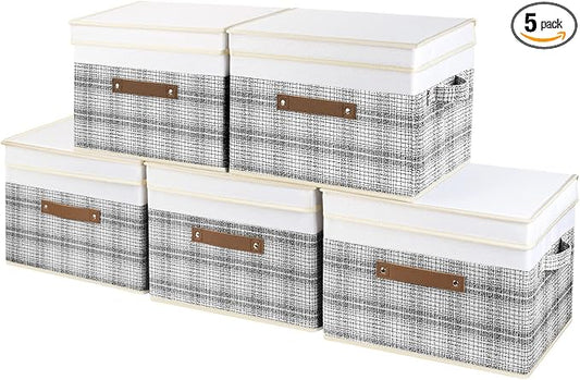 TYEERS Collapsible Storage Bins with Lids, Patchwork Design, Washable, Fabric Storage Boxes, 14.9x9.8x9.8 inches, 5 Pack, Gray