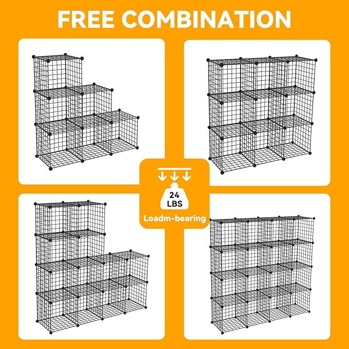 HUBSON Wire Cube Storage Organizer, Book/Toy/Craft/Potted Plants and petCloset Organizers and Storage Shelves, 9-Cube Freely Combinable Metal Grids Storage Shelf,Black Iron