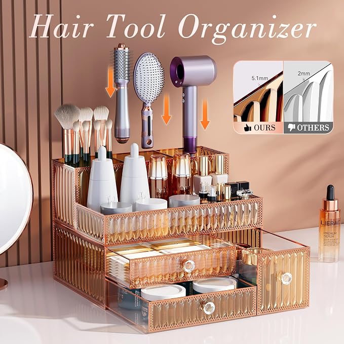 Youdepot Golden Tempered Glass Vanity Organizer for Cosmetics | Makeup Organizer, Skincare, Hair Tools, Brushes, Perfume, Multipurpose Bathroom Counter Skincare Organizer