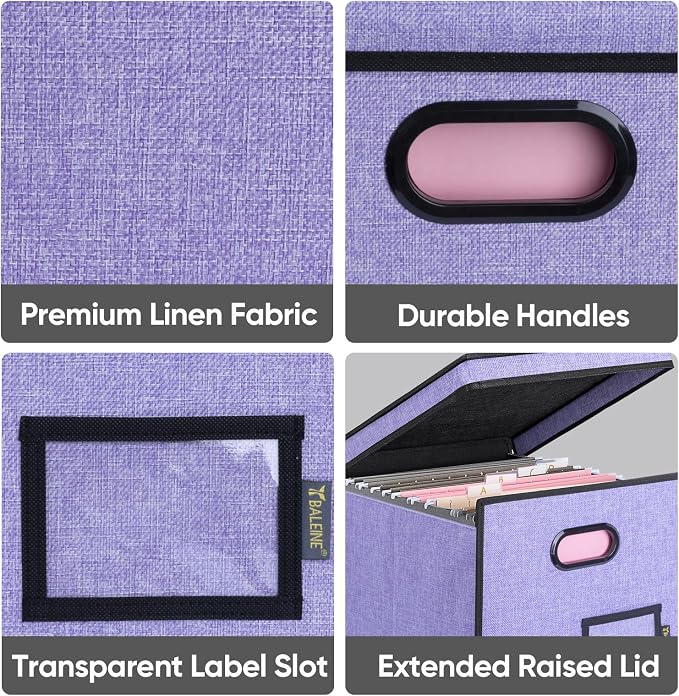 BALEINE File Organizer Box with Lid, Collapsible File Folder Organizer with Plastic Slide, Hanging File Folder Box for Office Document Storage (Tab Friendly, 1 Pack, Purple)