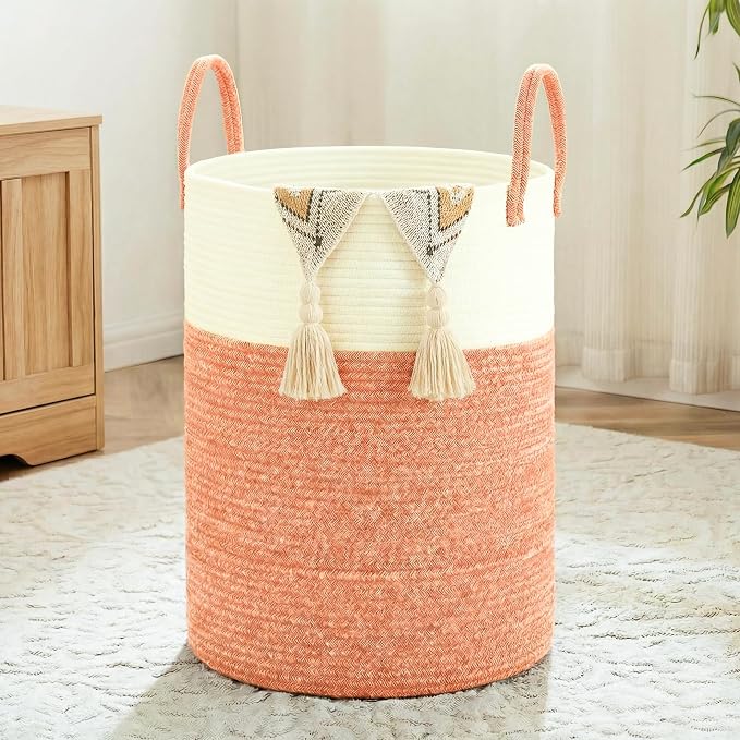 Laundry Basket,Woven Cotton Rope Laundry Hamper,100L for Decor Storage of Dirty Clothes,Toys and Blankets in Bathroom,Baby Room and Living Room
