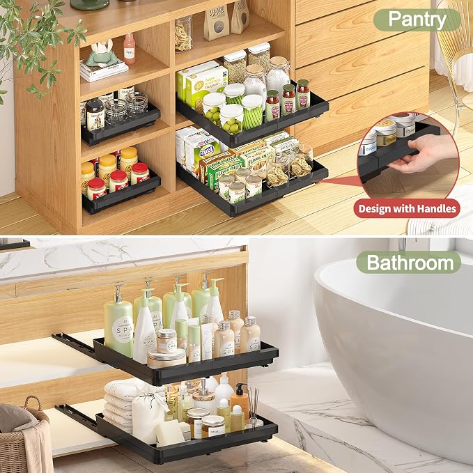 DOMNIU Pull Out Cabinet Organizers Expandable,Black,20.8" Depth,2 Pack | Plastic Slide Out Drawers for Kitchen, Bathroom, Pantry, Under Sink Storage, Fixed with Adhesive Nano Film (13''-19'')