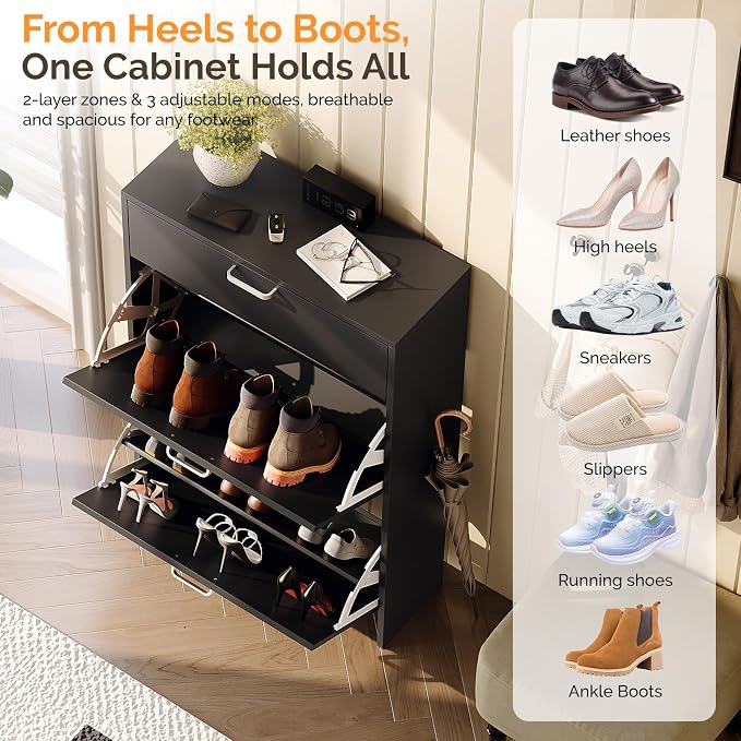 VINGLI Shoe Cabinet Storage for Entryway,Black Small Narrow Shoe Rack,25" W | 8–12 Pairs,Skirting Board Cutout,Drop-Down Drawer,9.4"D Slim,Modern Black,2 Flip Drawers,Adjustable & Removable Shelf