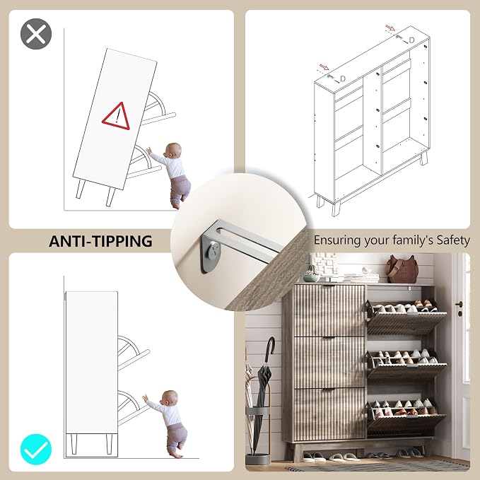 HUANLEGO Shoe Cabinet Storage for Entryway with 6 Flip Drawers, Grey | Fluted Narrow Shoe Organizer with Wooden Legs, Freestanding Entryway Shoe Storage, Hidden Shoe Rack for Front Door Entrance