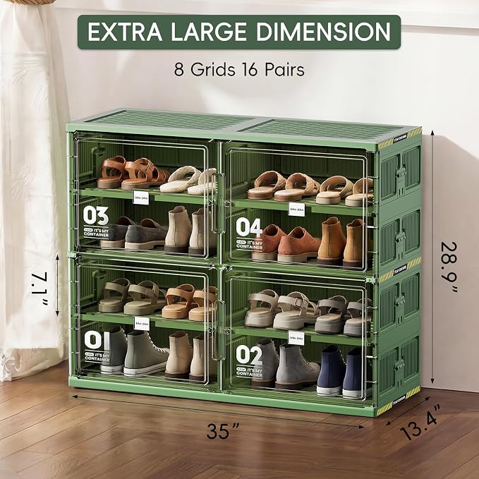 JEKO&JEKO 4 Tiers Green Foldable Shoe Rack Organizer for Entryway, Outdoor Front Door Shoe Storage Cabinet, Large Collapsible Shoe Box with Magnetic Doors, Holds Up to 16 Pairs