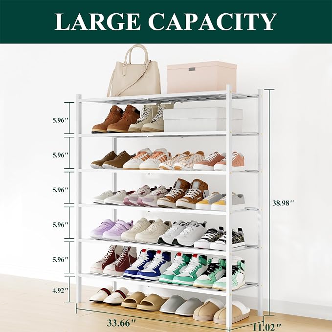 Smiry Bamboo Shoe Rack, 12 Vertical Slats, 6 Tier - 33.7" Wide, White | Stackable Free Standing Wooden Shoe Organizer, Wood Shoe Storage Shelf for Closet, Entryway