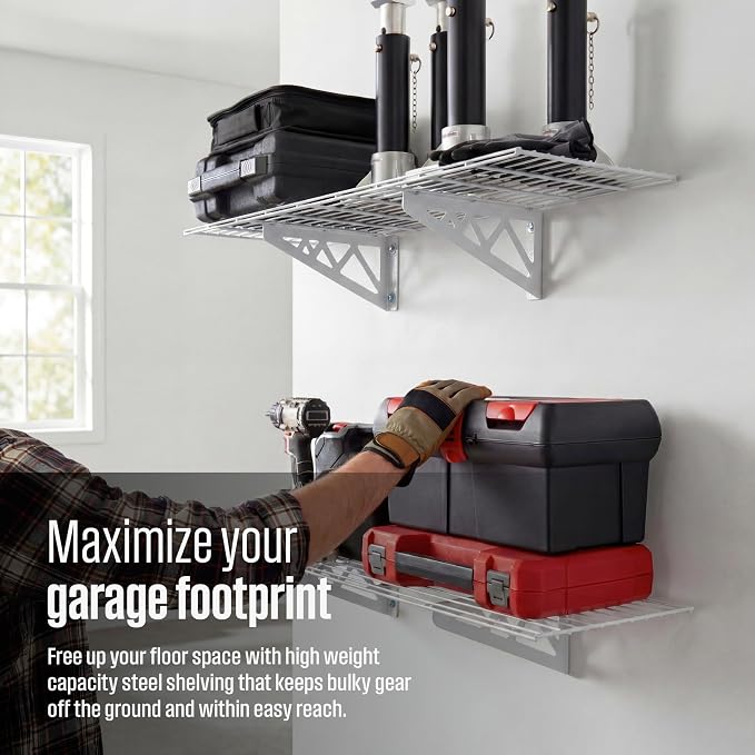 SafeRacks Steel Garage Wall Shelves 2-Pk w/Hooks, 300lb, White (12x36)