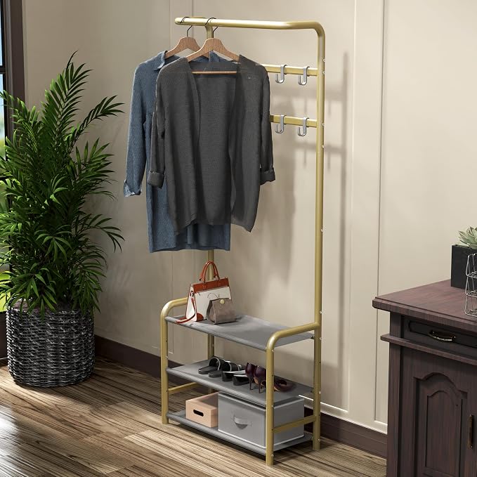 Simple Houseware Coat Rack with Shelf, Hall Tree with Hooks, Champagne Gold | For Entryway, Bedroom, Office, Champagne Gold Metal Clothes Hanger Stand for Coats, Hats, Jackets, Bags