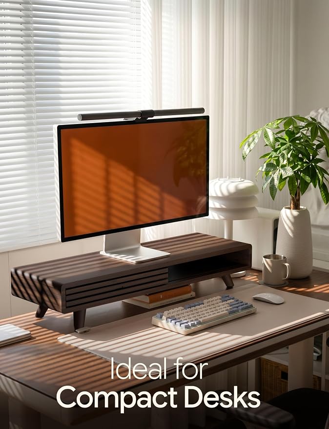 Tinamo 24" Wooden Monitor Stand Riser with Storage Organizer, Walnut Color | Acacia Wood, Sliding Door, Cable Management, Fits up to 32" Monitors, Multi-purpose Storage, Used for Computer, Laptop, TV