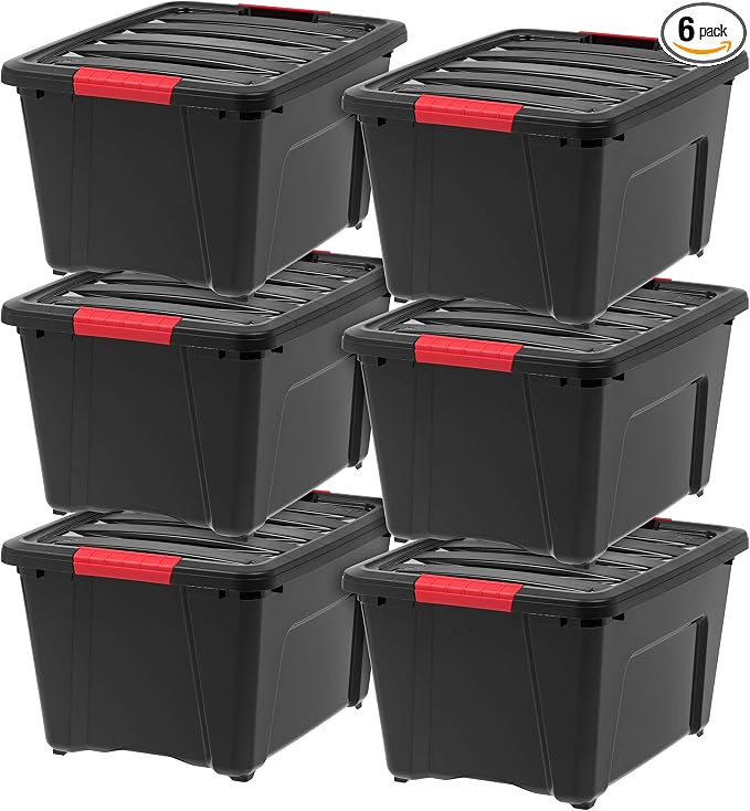 IRIS USA 6-Pack 32 Quart Storage Bins with Lids, Black | Black finish conceals stored items. Great for linens, décor, closet storage, and supplies. Nestable design saves space