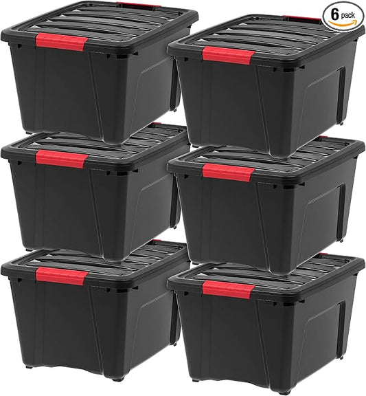 IRIS USA 6-Pack 32 Quart Storage Bins with Lids, Black | Black finish conceals stored items. Great for linens, décor, closet storage, and supplies. Nestable design saves space