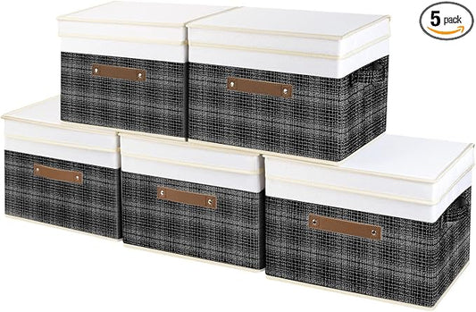 TYEERS Collapsible Storage Bins with Lids, Patchwork Design, Washable, Fabric Storage Boxes, 14.9x9.8x9.8 inches, 5 Pack, Black