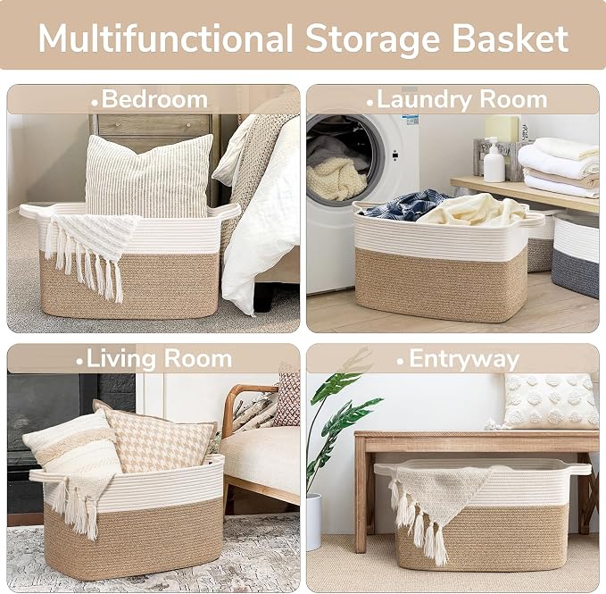 Goodpick Large Woven Rope Blanket Basket, Rectangle, White & Light Brown | 21.6" × 14.9" × 11.8" Storage Basket for Pillows & Toys Laundry, Nursery & Living Room Organization, Reinforced Handles