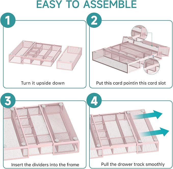 Expandable Desk Drawer Organizer, 10 Adjustable Compartments, Pink | Metal mesh drawer organizer tray with 5 removable dividers, expands from 8.74 to 16 in for office supplies, makeup or tools