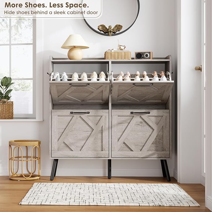Nicetree Shoe Cabinet with 4 Flip Drawers, Freestanding Shoe Organizer Cabinet, Farmhouse Narrow Shoe Storage Cabinet for Entryway, Foyer, Hallway