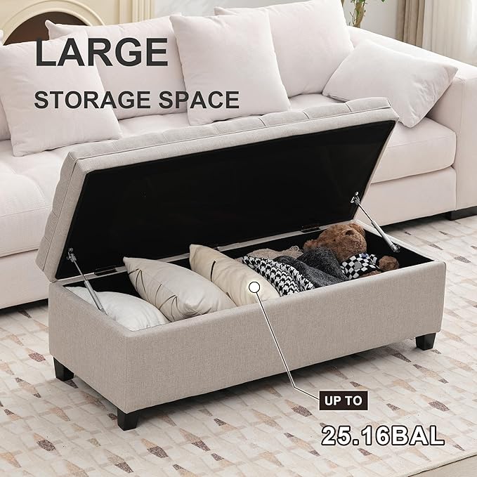 51" Storage Ottoman for Bedroom & Living Room, End of Bed Bench with Black Wooden Legs, Linen Upholstered Tufted Ottoman, Entryway Storage Bench, Beige