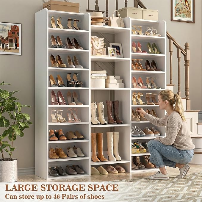 Unikito 14-Tier Wood Shoe Cabinet Storage Organizer with Cubbies, White | Freestanding Shoe Rack Shelf Featuring 22 Open Slots for Entryway, Front Door Entrance, Hallway, Living Room, Bedroom